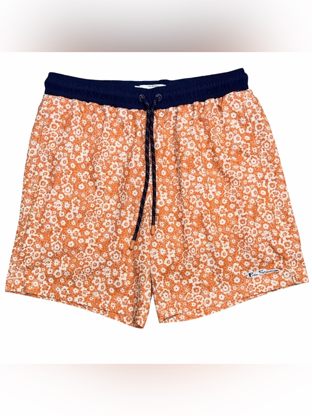 Ben Sherman Orange Floral Swim Trunks with Navy Waistband and Drawstring